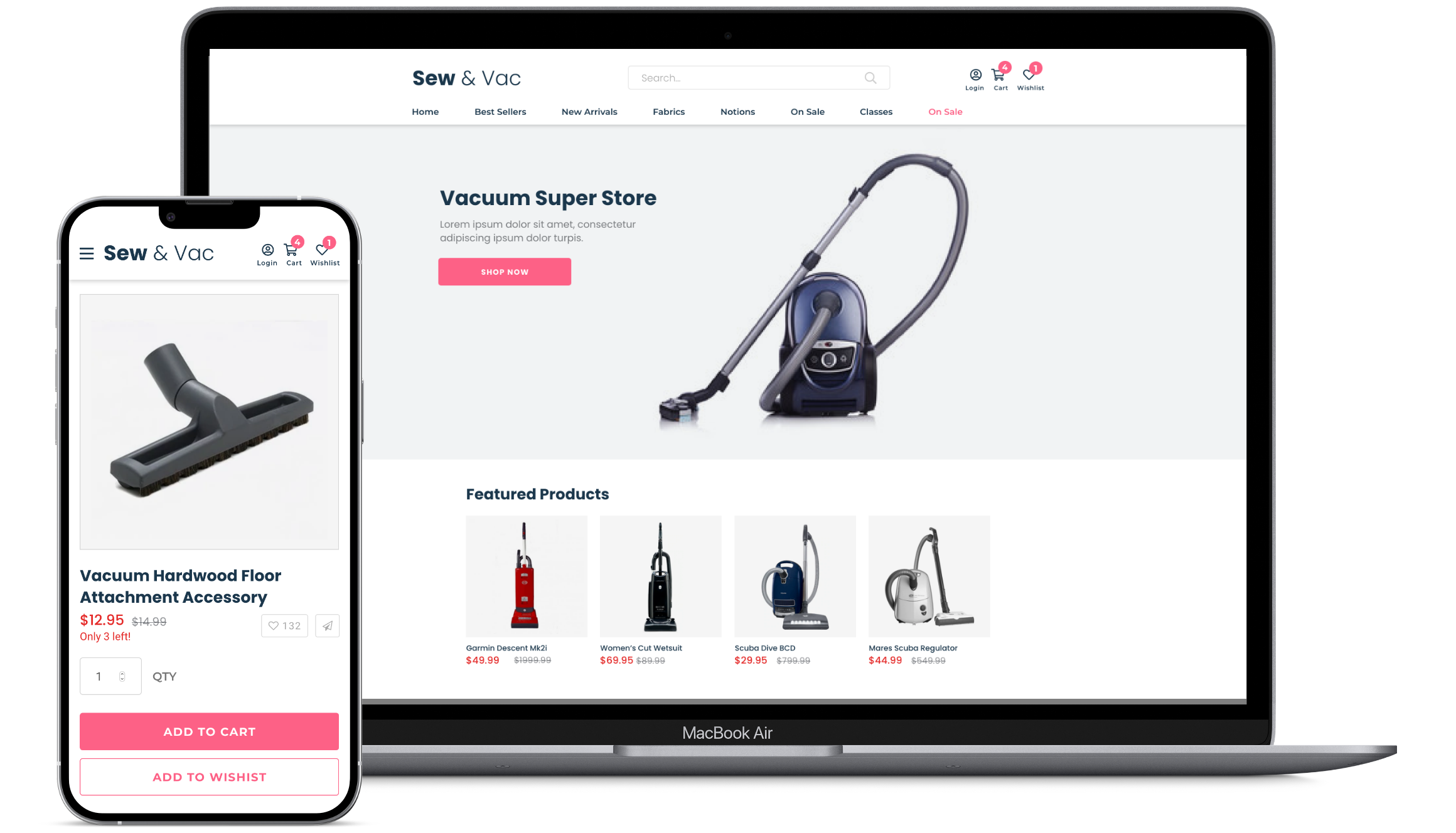 Sew and Vac eCommerce POS sew and vac website on multiple devices.